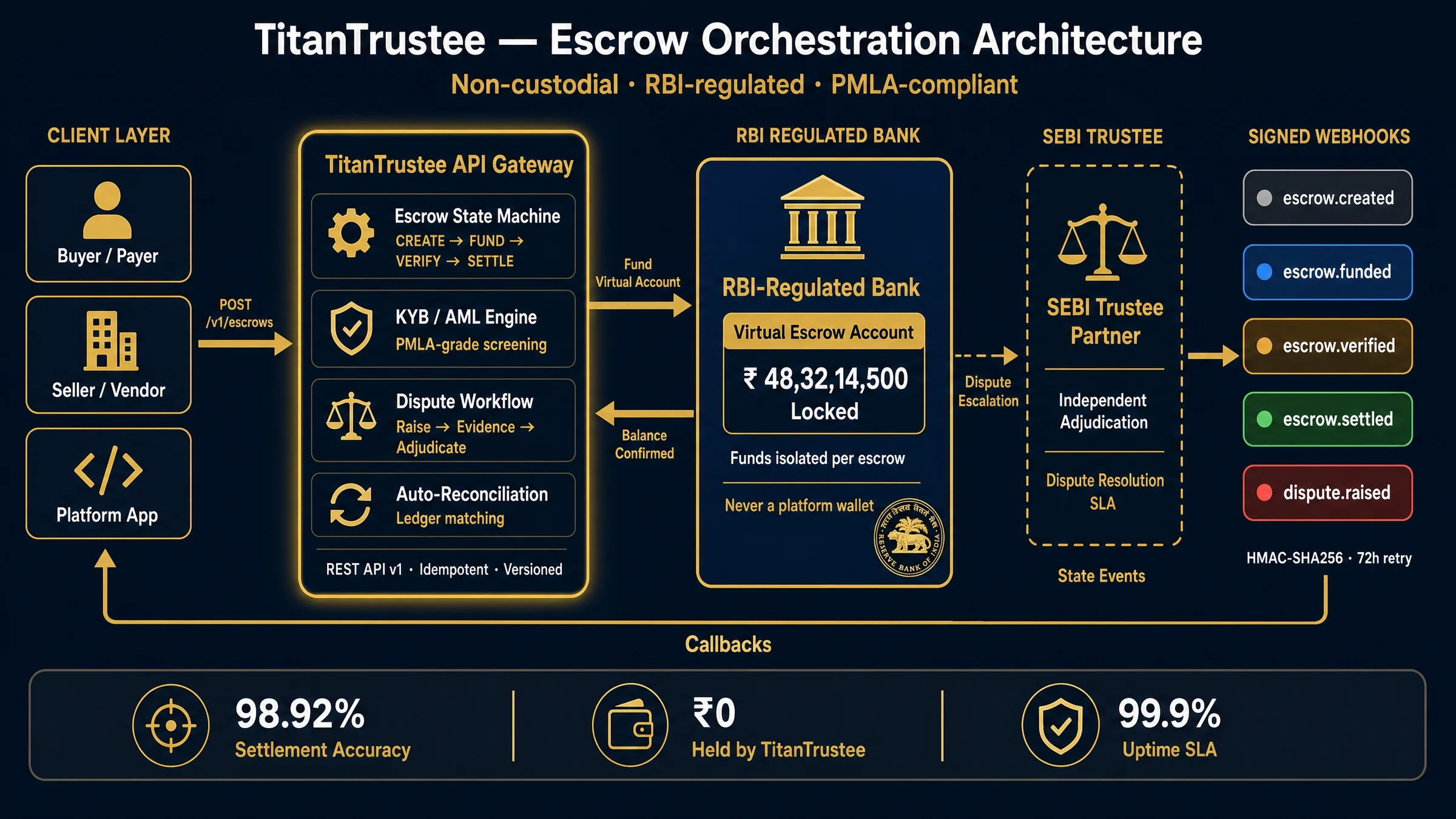 Architecture diagram: your app → TitanTrustee API → RBI-regulated bank escrow vaults and SEBI-trustee partner, with webhook and ledger flows